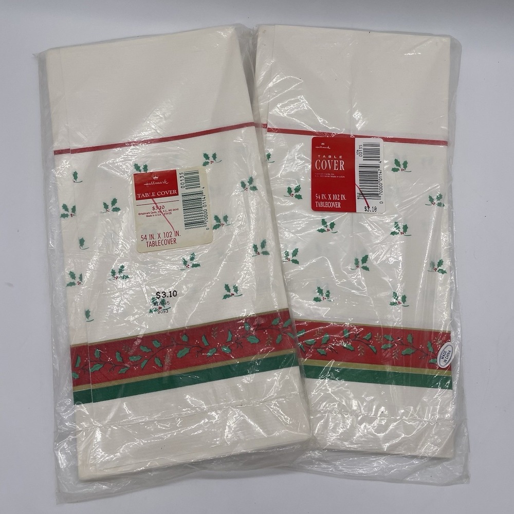 Vintage NOS Hallmark Paper Table Cover 54x102 Christmas Holly Made in USA LOT 2
